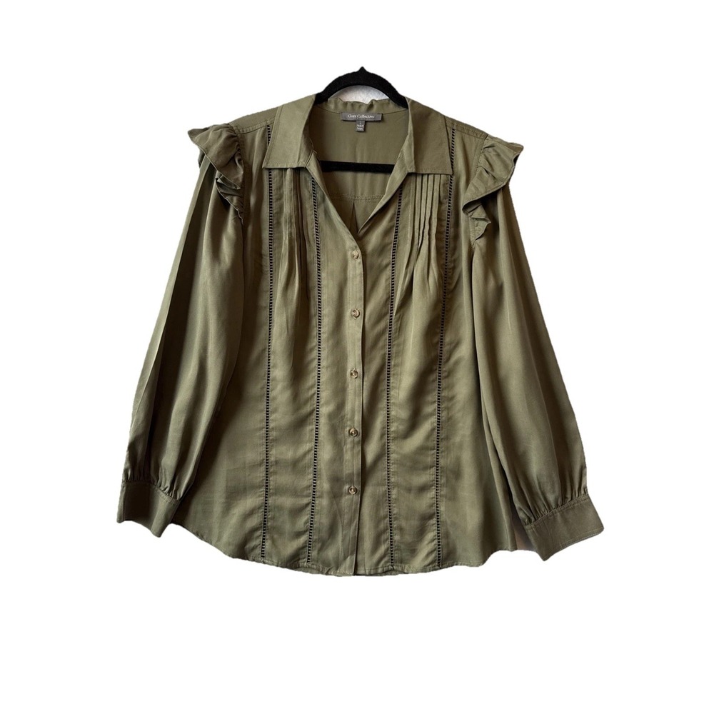 Grey Collective Olive Green Ruffle Trim Button Up Blouse‎ Womens L Boho Prairie